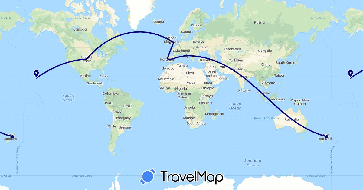 TravelMap itinerary: driving in Spain, United Kingdom, Italy, New Zealand, Portugal, Singapore, United States (Asia, Europe, North America, Oceania)